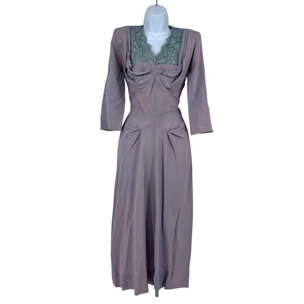 Vintage‎ 1940s Lavender Crepe Midi Dress Lace Inset Draped Bodice Purple